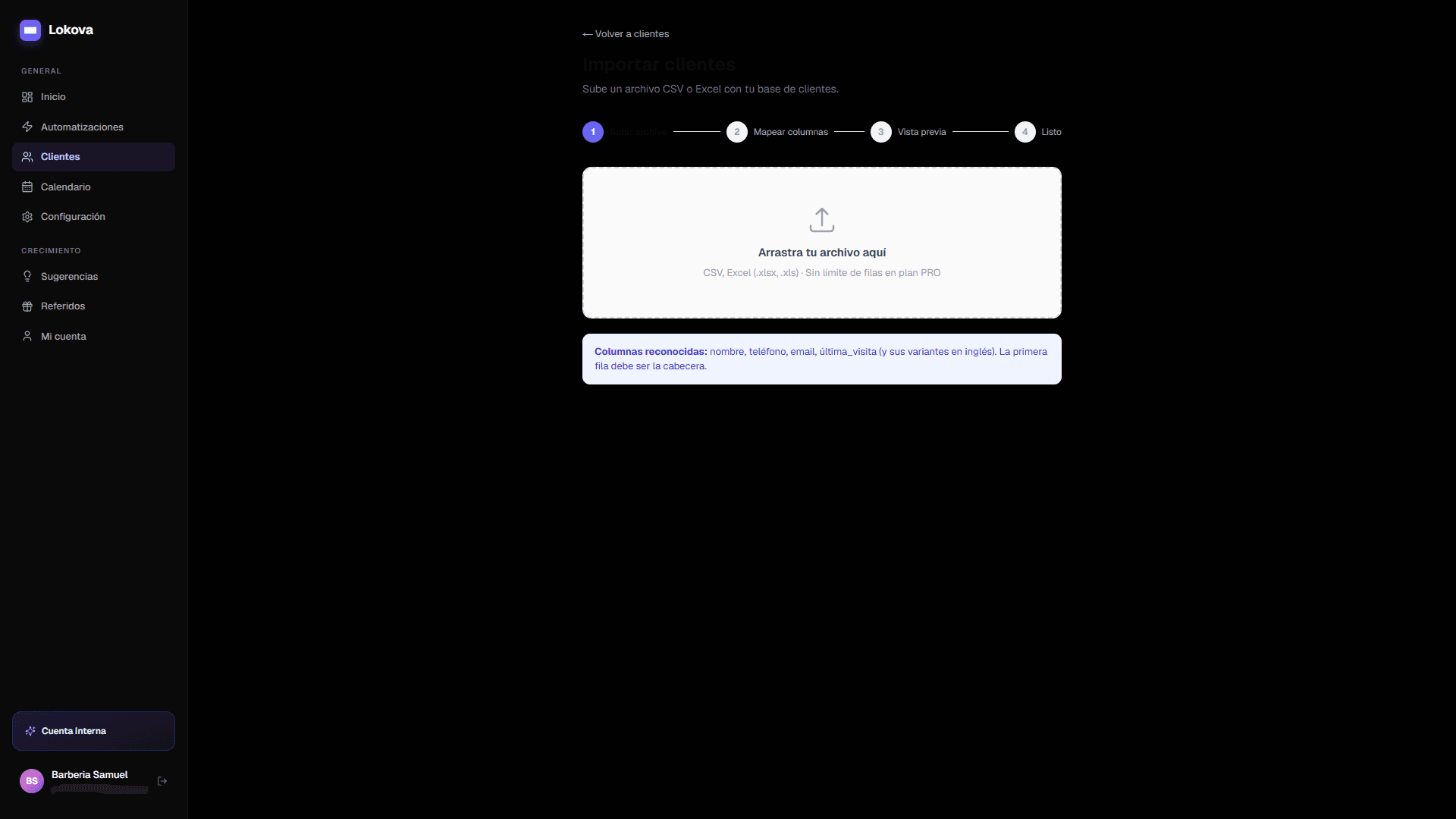 Pantalla de importación de clientes en Lokova